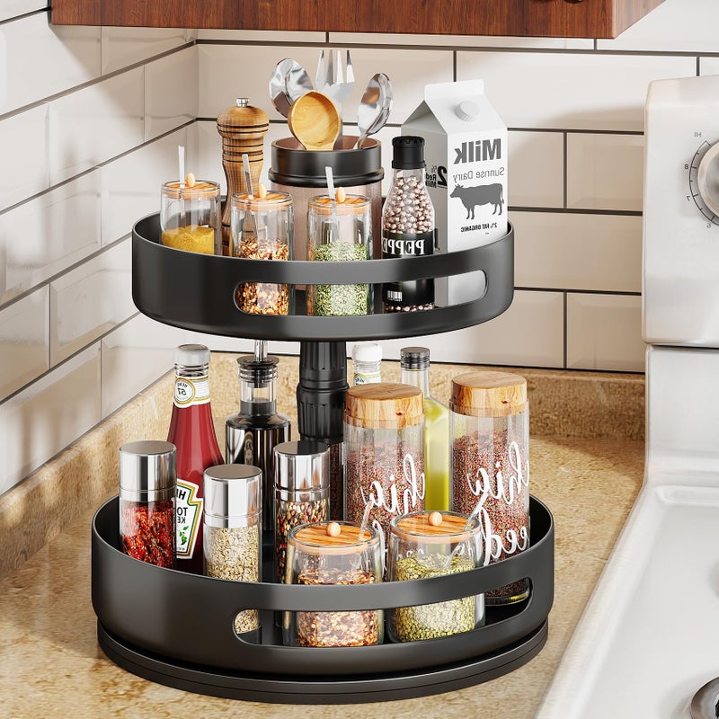 SAYZH Lazy Susan Spice Rack Organizer 2 Tier - Rotating Seasoning Organizer Metal Lazy Turntable Height Adjustable Spice Organization for Cabinet Pantry Kitchen Counter, 10 inch Black - Image 1